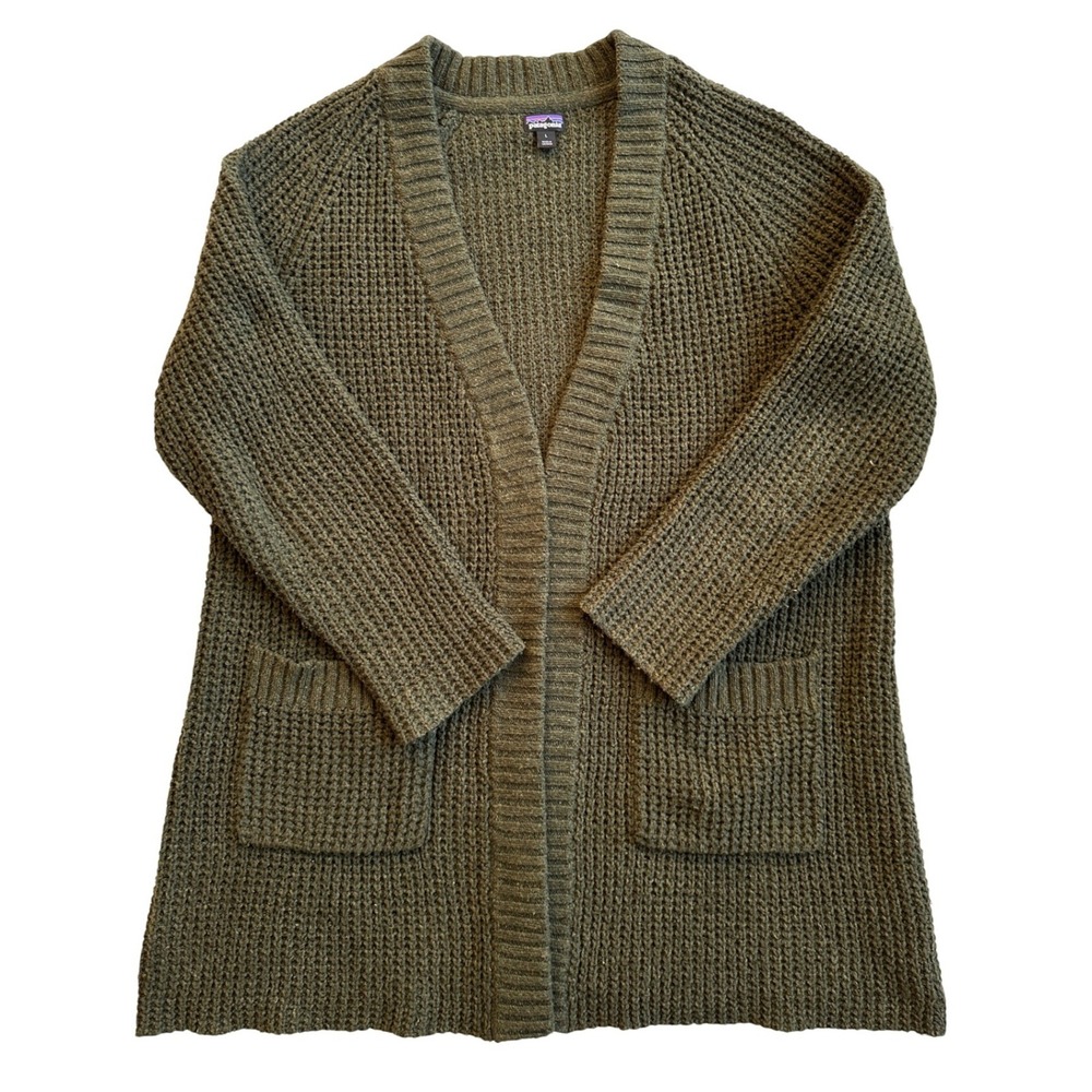 Patagonia Waffle Knit Cardigan Women L Green Excellent 50380 Open Front Sweater